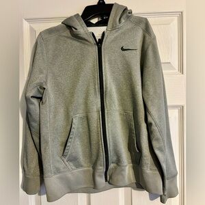 grey Nike hooded zip up sweatshirt trimmed in black.  size kids large